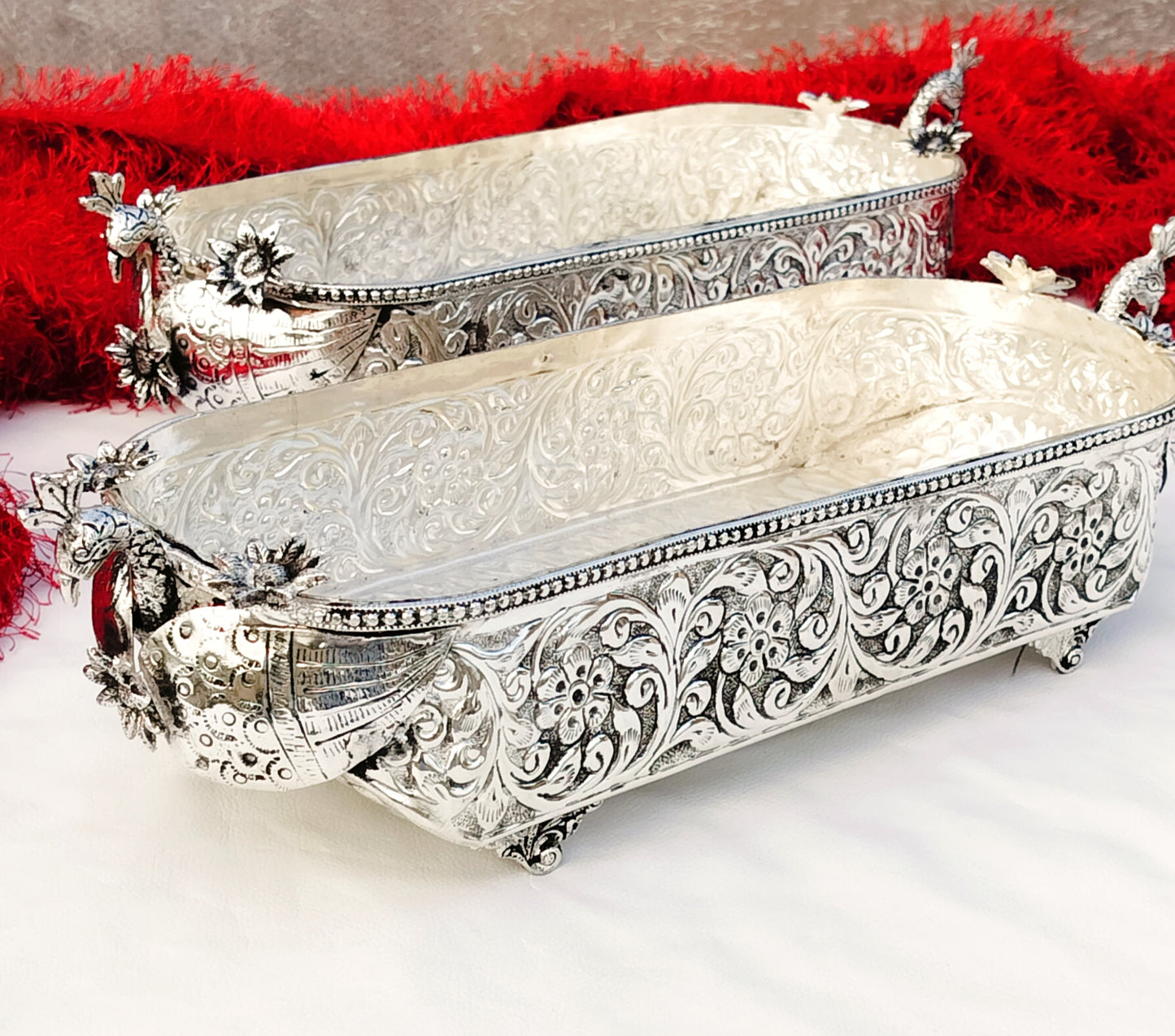 Antique German silver hand engraved embossed boat pattern platter