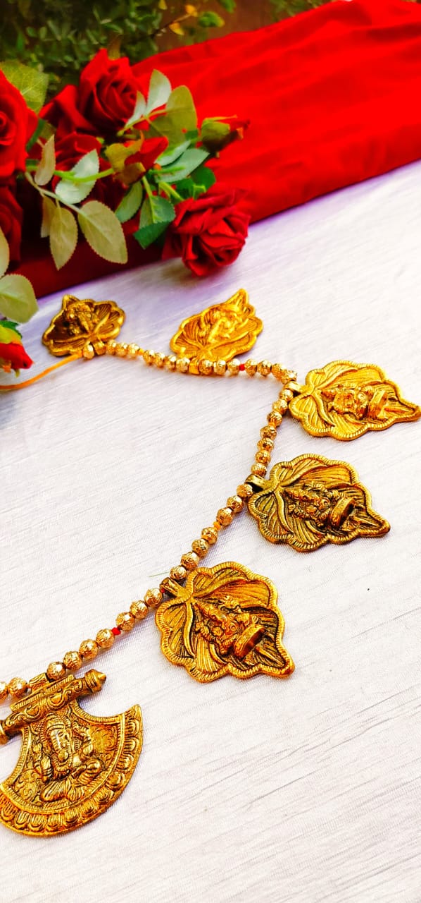 Gold plated antique mango 11 ganesh embossed betel leaf 🍀 bandhanwar / toran