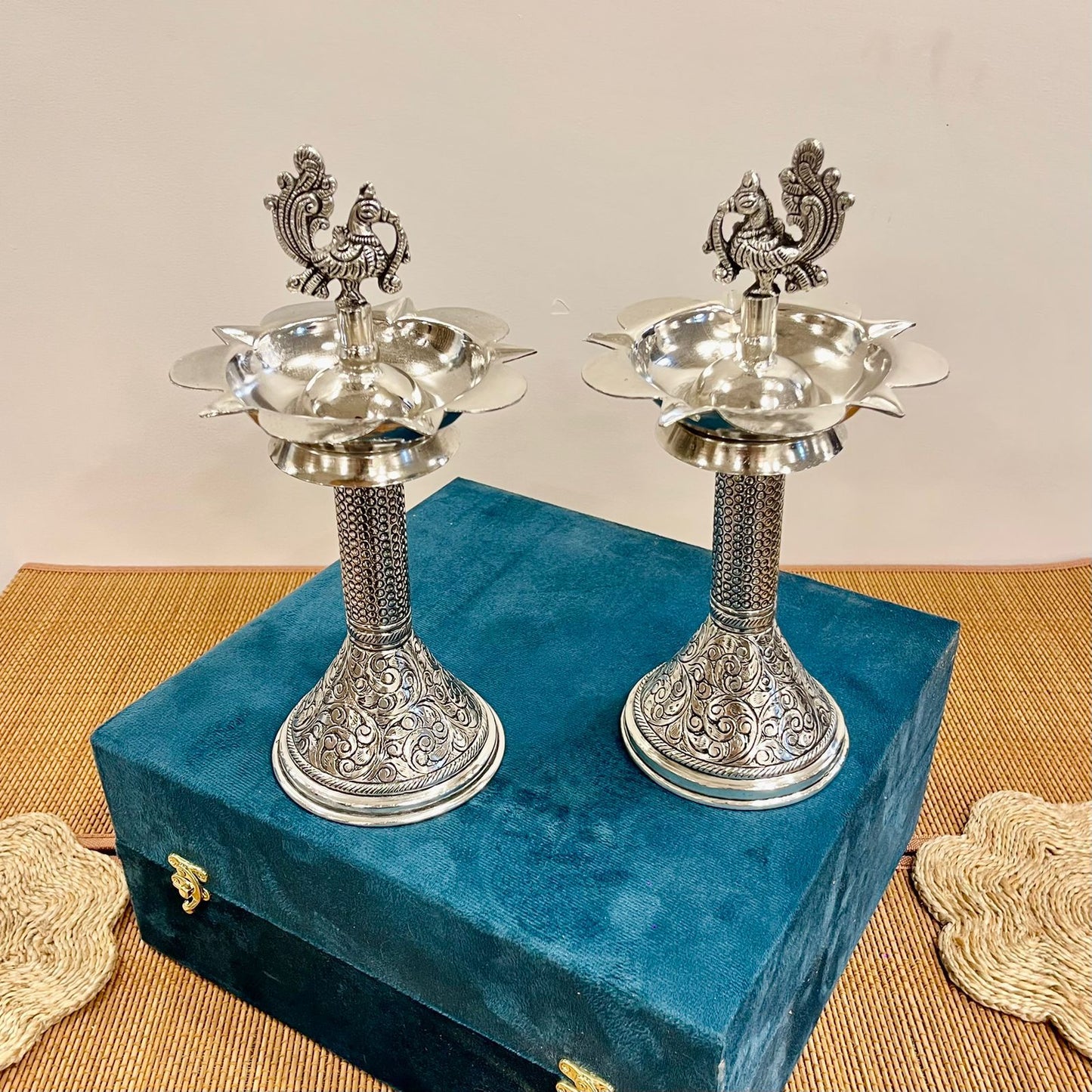 Silver Plated Hand Carving Samai Diya / Lamp