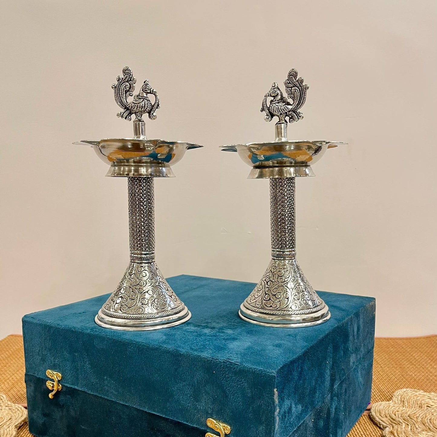 Silver Plated Hand Carving Samai Diya / Lamp