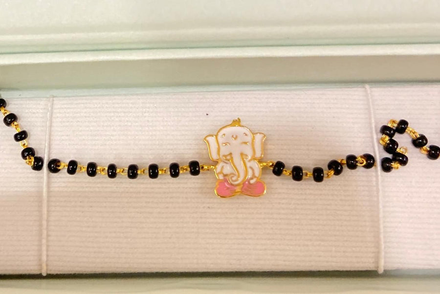 Ganpati Black Beads Bracelet With 18K Gold Polish