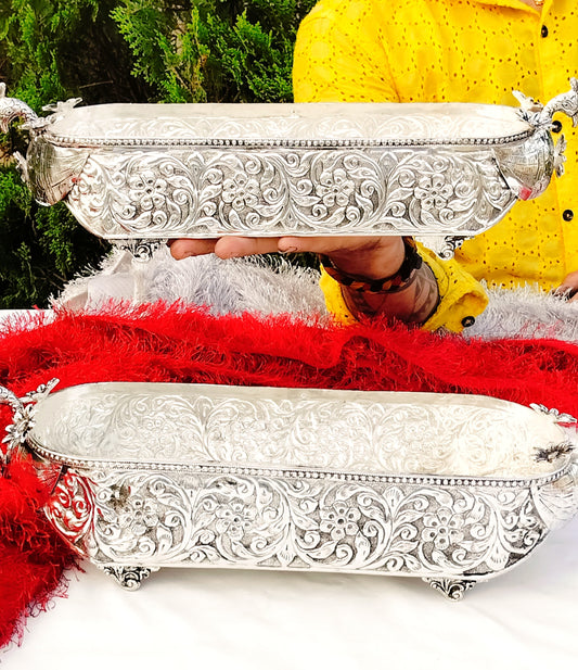 Antique German silver hand engraved embossed boat pattern platter
