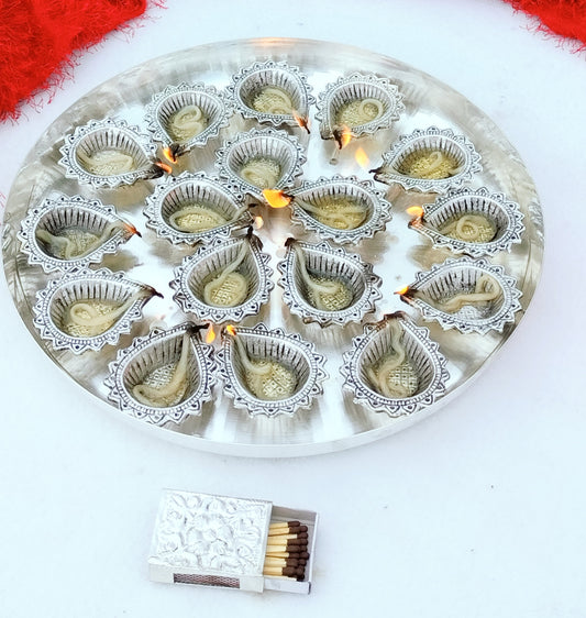 German silver 16 diya MAHALAKSHMI aarti thali set