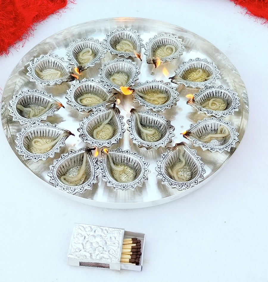 German silver 16 diya MAHALAKSHMI aarti thali set
